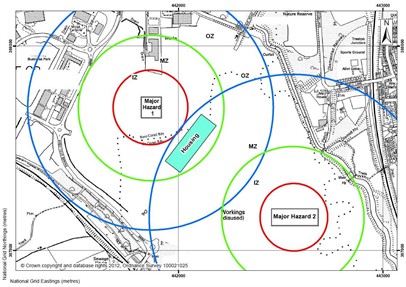 A map depicting the area around a Major Hazard